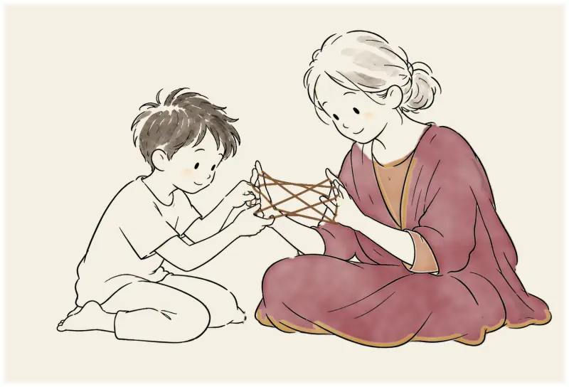 Painting: a grandmother with grey hair in a bun sits cross-legged on the floor. She smiles at a cat's cradle of brown string held open between her hands. She wears a maroon sari with an ochre border over a rust-coloured blouse. Facing her, a small boy in a white T-shirt and shorts kneels and pinches two of the crossings to take the next move. The loose end of the string drops from his hands to the floor and runs along it to the left, where it becomes the page's line.