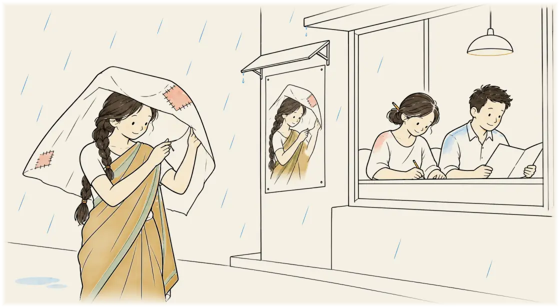 আঁকা ছবি: বৃষ্টির মধ্যে এক তরুণী তালি দেওয়া একটা সাদা কাপড় ছোট্ট ছাদের মতো মাথার ওপর ধরে আছেন। হাসিমুখে সুই আর লাল সুতো দিয়ে তিনি সেটা সেলাই করছেন। তাঁর পরনে সবুজ পাড়ের সরষে-হলুদ শাড়ি। গলির ওপারে একটা অফিস। তার দেয়ালে একটা পোস্টার, তাতে তিনি নিজেই একই কাজ করছেন। পোস্টারটার নিজের একটা ছোট্ট ছাদ আছে, যার কোণ থেকে ফোঁটা ঝরছে। অফিসের আলো-জ্বলা জানালায় এক মহিলা আর এক পুরুষ বাতির নিচে টেবিলে শুকনো বসে লিখছেন আর পড়ছেন। ছবির ওপরের কিনারে পেনসিলে লেখা একটা নোটে "আমরা।", তার নিচে "আমিও।", আর একটা তীরচিহ্ন নিচে ওই দুজনের দিকে।