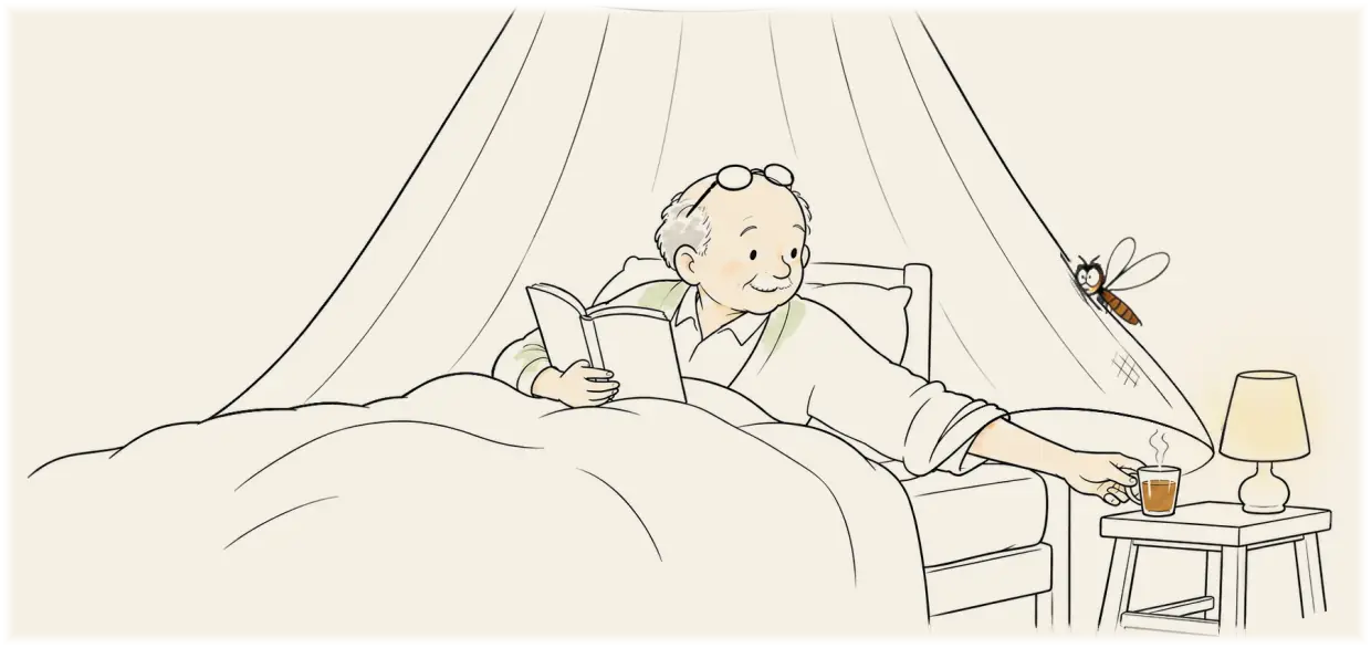 Painting: an old man with his glasses pushed up on his head lies back in bed under a mosquito net with an open book in one hand, smiling. His other arm reaches out under the lifted net to a cup of tea on a small table beside a lit lamp. Outside the net, an indignant mosquito presses its face against the mesh.